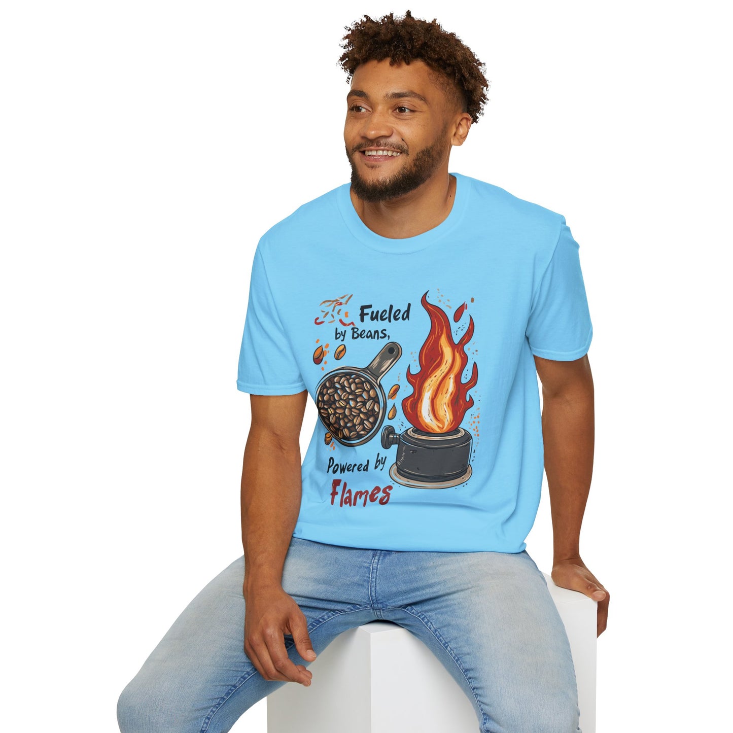 Fueled by Beans, Powered by Flames T-Shirt | Father's Day Gift | Unisex Tee for Dads | Comfortable Casual Wear | Gift for Dad | Fire Theme