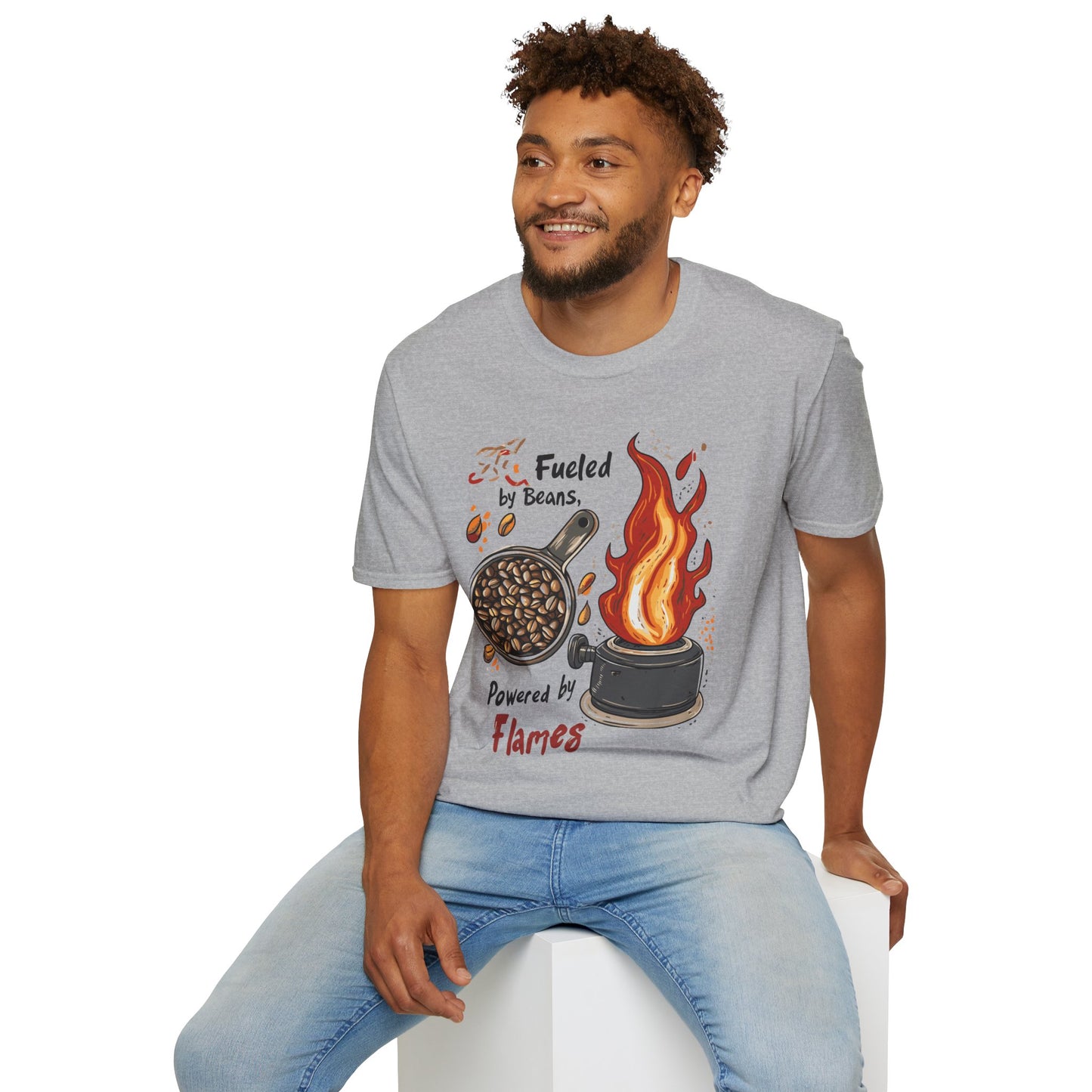 Fueled by Beans, Powered by Flames T-Shirt | Father's Day Gift | Unisex Tee for Dads | Comfortable Casual Wear | Gift for Dad | Fire Theme
