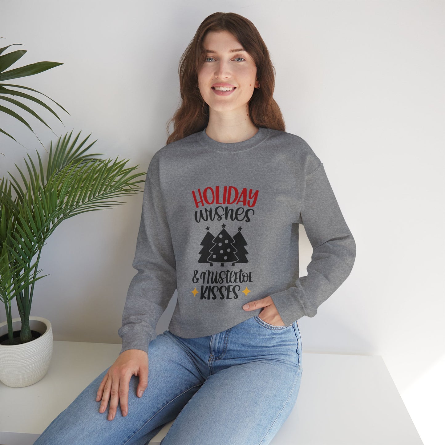 Happy Wishes & Mistletoe Kisses Unisex Heavy Blend Crewneck Sweatshirt, Funny T-shirt, Christmas Shirt, Christmas Slogan Shirts, Christmas Sweater, Santa Shirt