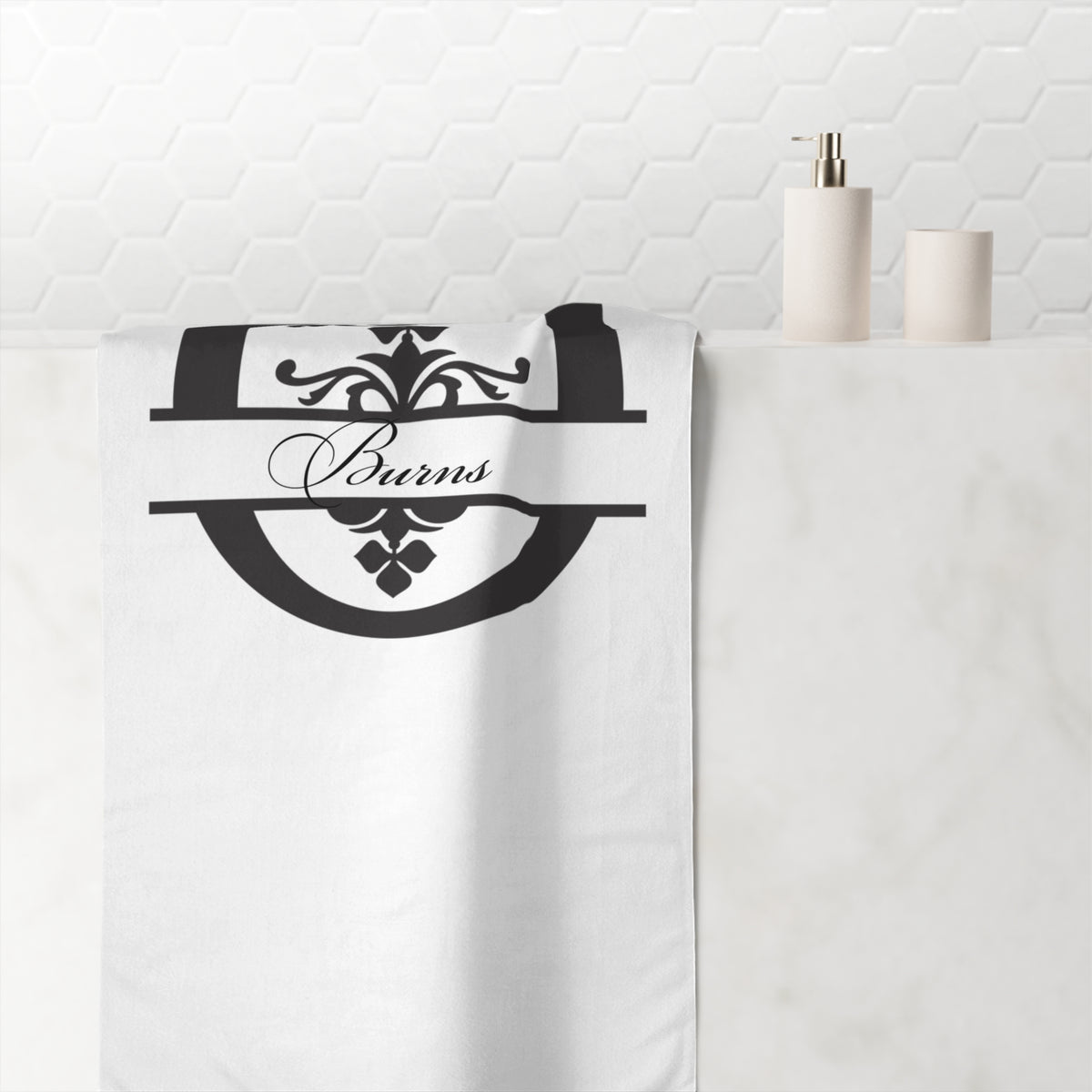 Monogram O Floral Bath Towel — Personalized "Burns" Script Design