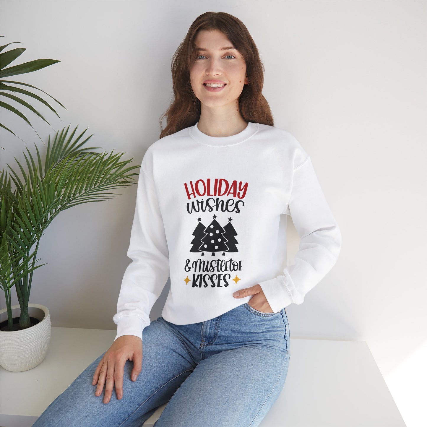 Happy Wishes & Mistletoe Kisses Unisex Heavy Blend Crewneck Sweatshirt, Funny T-shirt, Christmas Shirt, Christmas Slogan Shirts, Christmas Sweater, Santa Shirt
