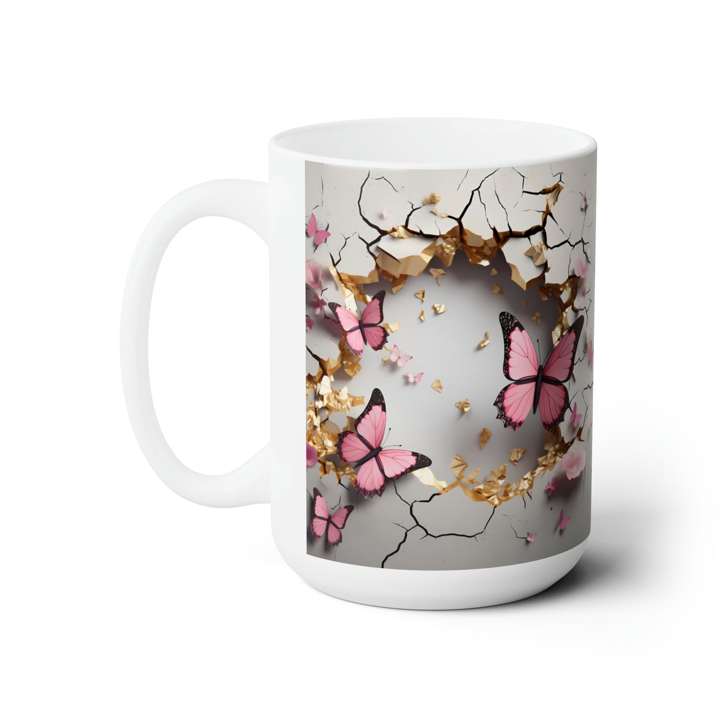 3D Crack In A Wall Pink Butterfly, Butterfly coffee mug, Mug design, Mug wrap, 3D mug wrap, butterfly mug, Ceramic Mug 15oz