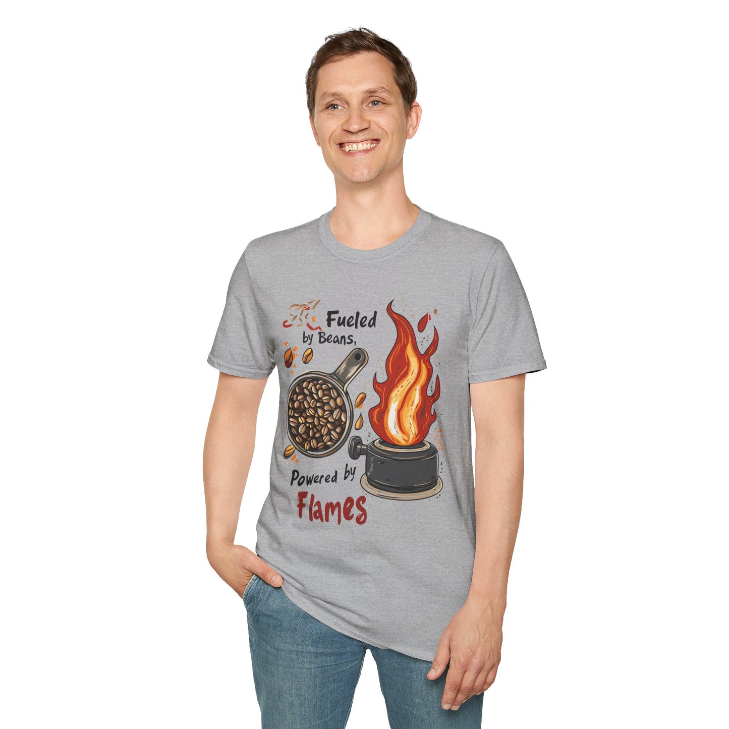 Fueled by Beans, Powered by Flames T-Shirt | Father's Day Gift | Unisex Tee for Dads | Comfortable Casual Wear | Gift for Dad | Fire Theme