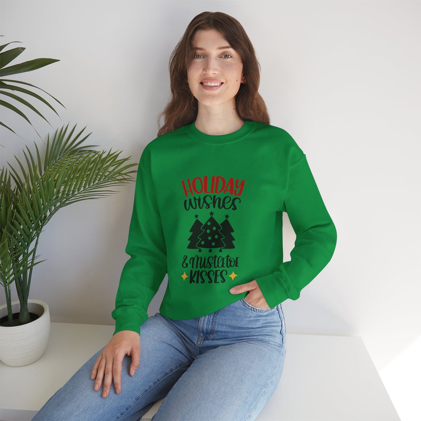 Happy Wishes & Mistletoe Kisses Unisex Heavy Blend Crewneck Sweatshirt, Funny T-shirt, Christmas Shirt, Christmas Slogan Shirts, Christmas Sweater, Santa Shirt