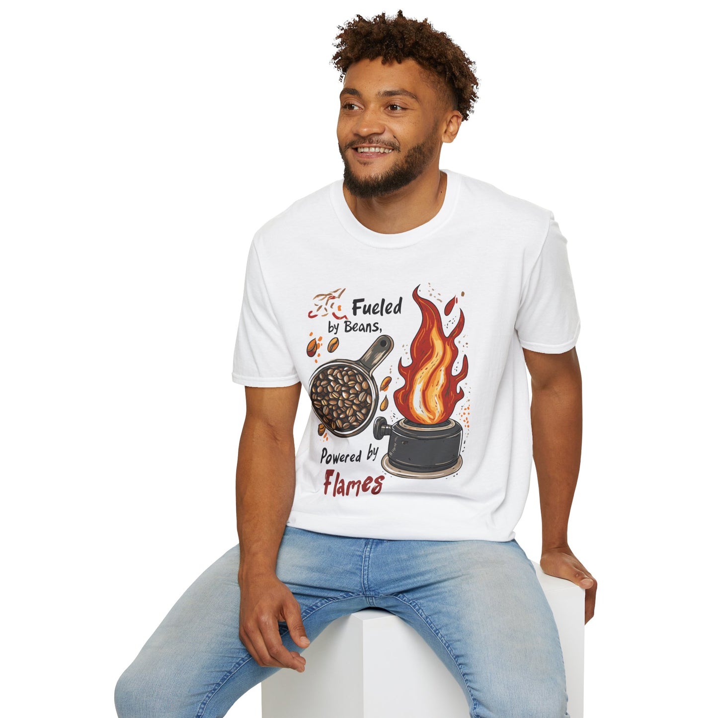Fueled by Beans, Powered by Flames T-Shirt | Father's Day Gift | Unisex Tee for Dads | Comfortable Casual Wear | Gift for Dad | Fire Theme