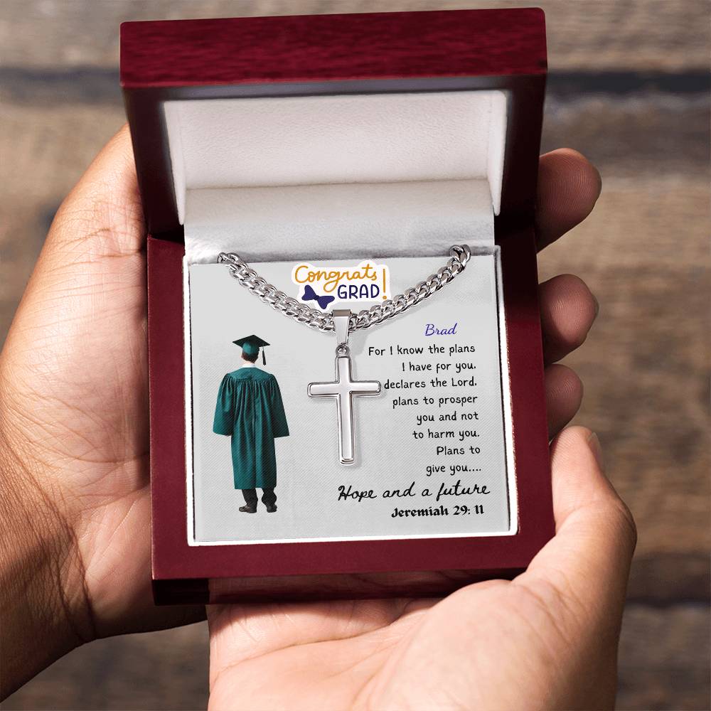 Personalized Graduating Senior Gifts for Him, Personalized Graduation Gift for Him, Graduation Gifts, Class of 2025, Graduate Gift, Artisan Cross Necklace on Cuban Chain