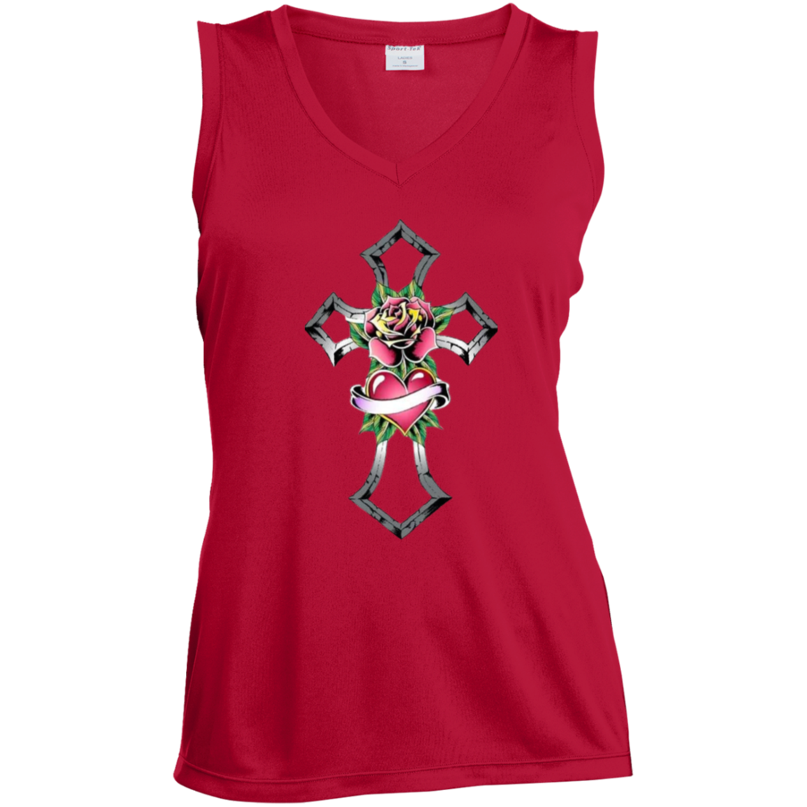 Tribal Rose with Heart Emblem Ladies' Sleeveless V-Neck Performance Tee