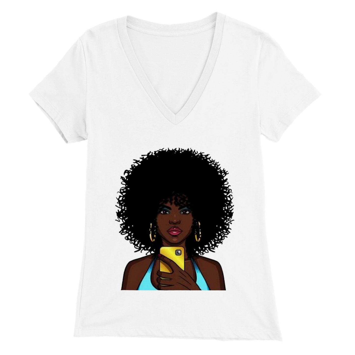 Afro Lady Taking Selfie. Premium Womens V-Neck T-shirt