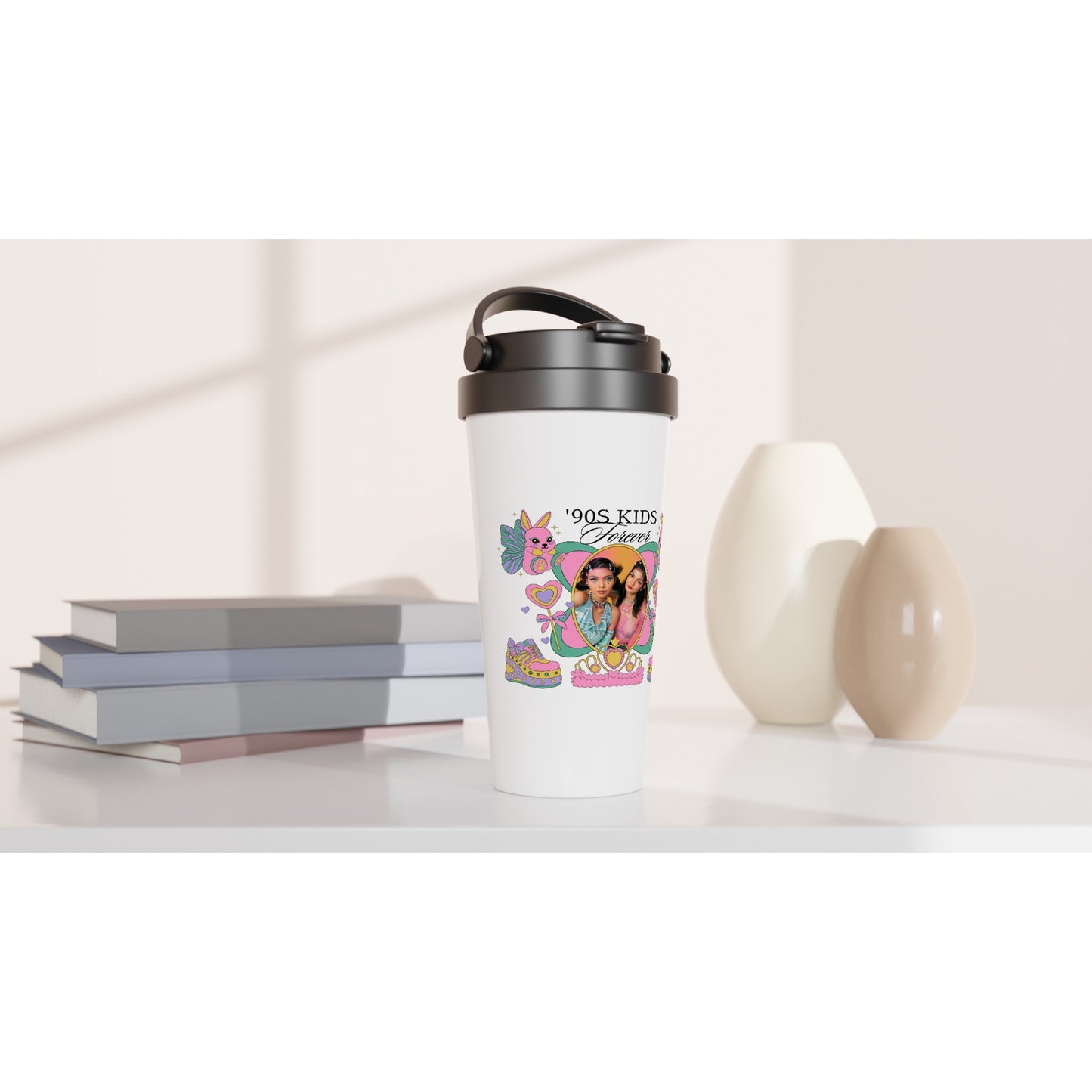 90s Kids White 15oz Stainless Steel Travel Mug