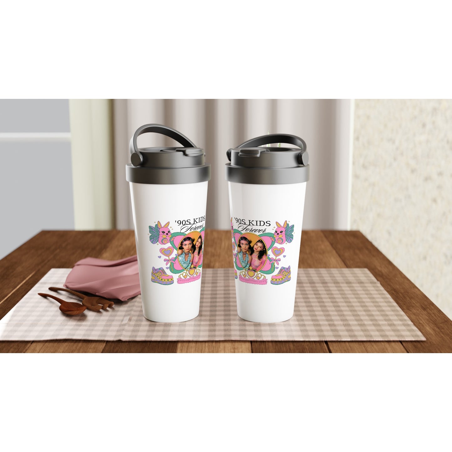 90s Kids White 15oz Stainless Steel Travel Mug