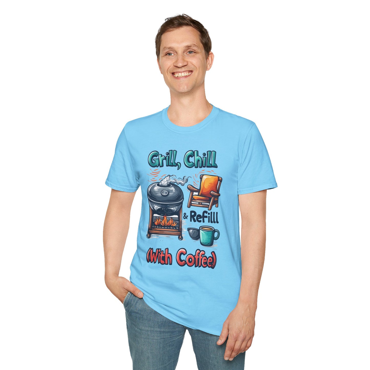 Grill, Chill With Coffee T-Shirt | Father's Day Gift | Unisex Tee for Dads | Comfortable Casual Wear | Gift for Dad | Fire Theme