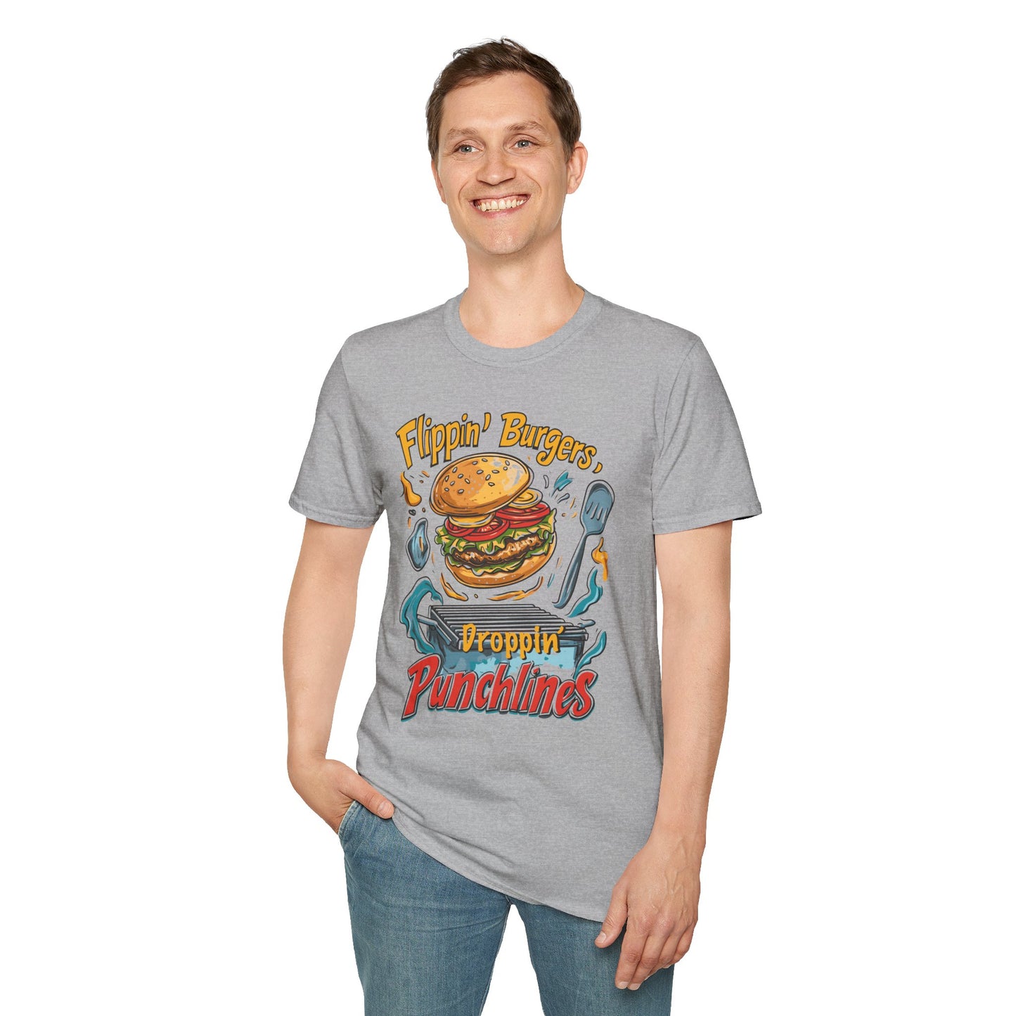 Flippin' Burgers Droppin Punchlines T-Shirt | Father's Day Gift | Unisex Tee for Dads | Comfortable Casual Wear | Gift for Dad | Fire Theme