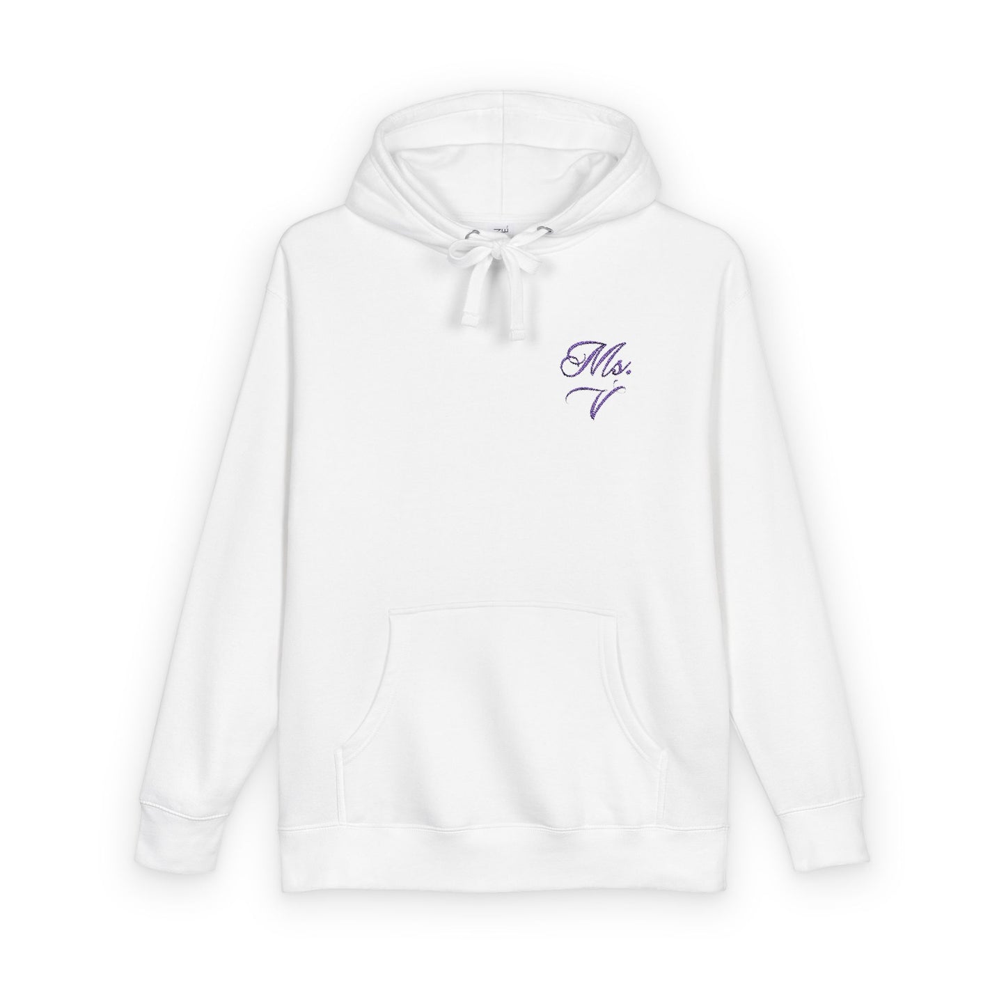 Ms. V Embroidered Script Hoodie — 'She/Her' Minimal Chest Logo
