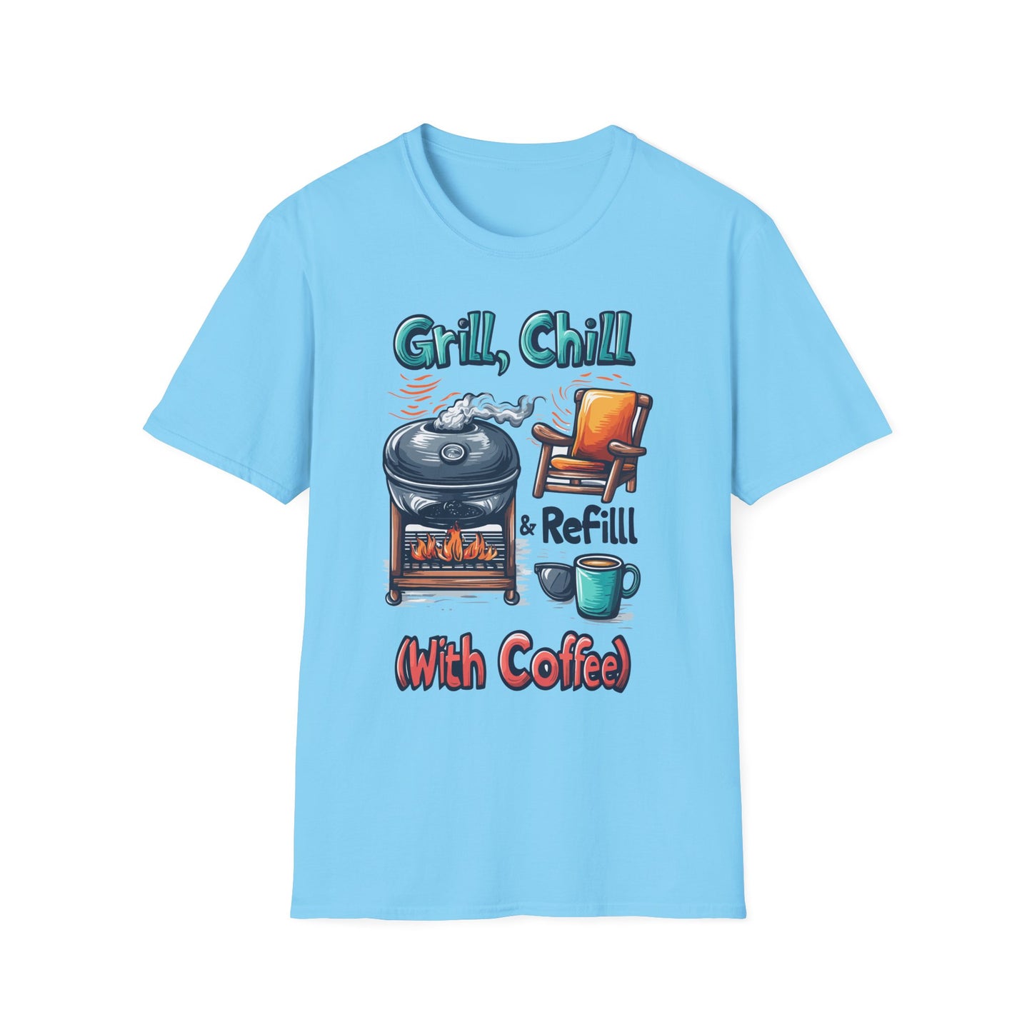 Grill, Chill With Coffee T-Shirt | Father's Day Gift | Unisex Tee for Dads | Comfortable Casual Wear | Gift for Dad | Fire Theme
