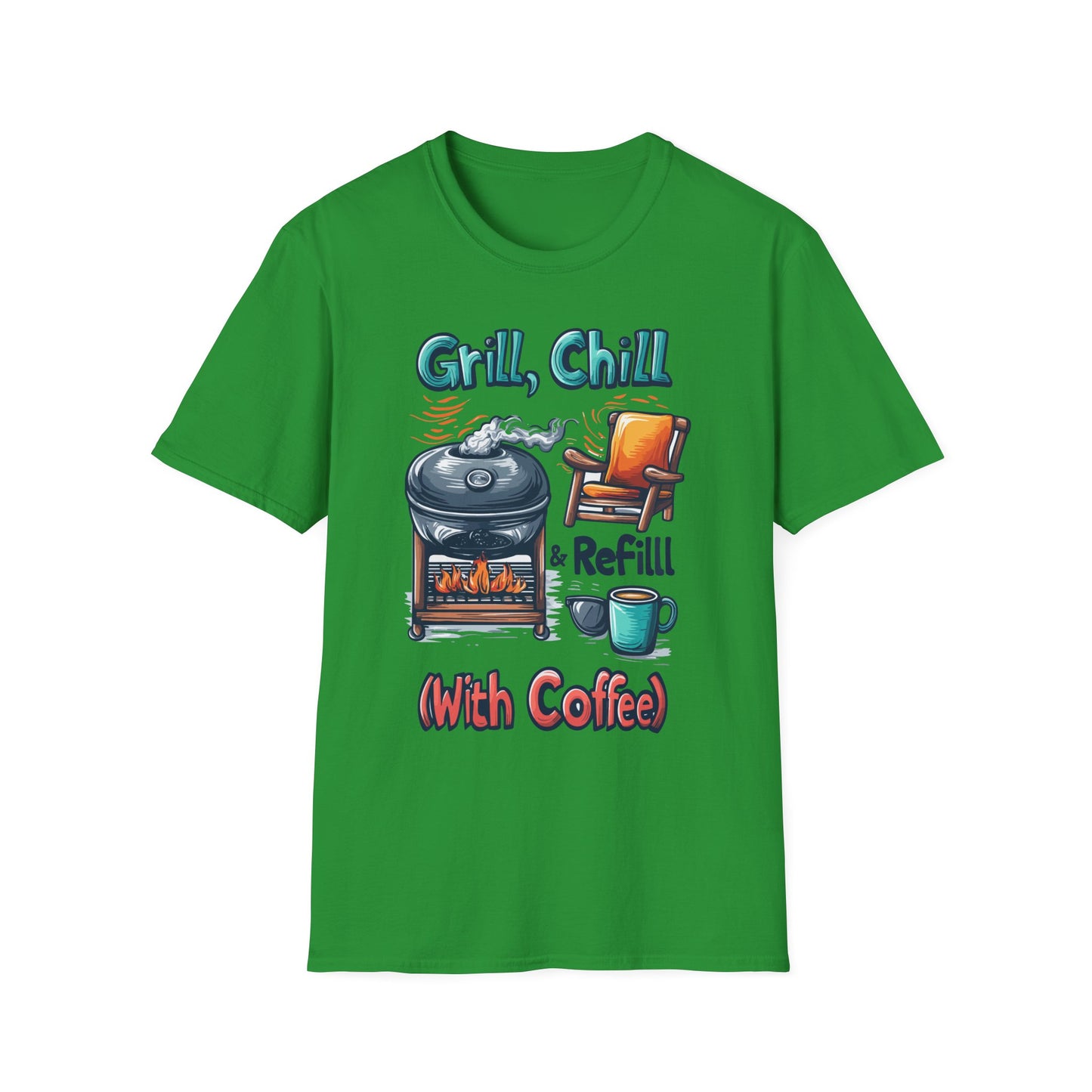 Grill, Chill With Coffee T-Shirt | Father's Day Gift | Unisex Tee for Dads | Comfortable Casual Wear | Gift for Dad | Fire Theme
