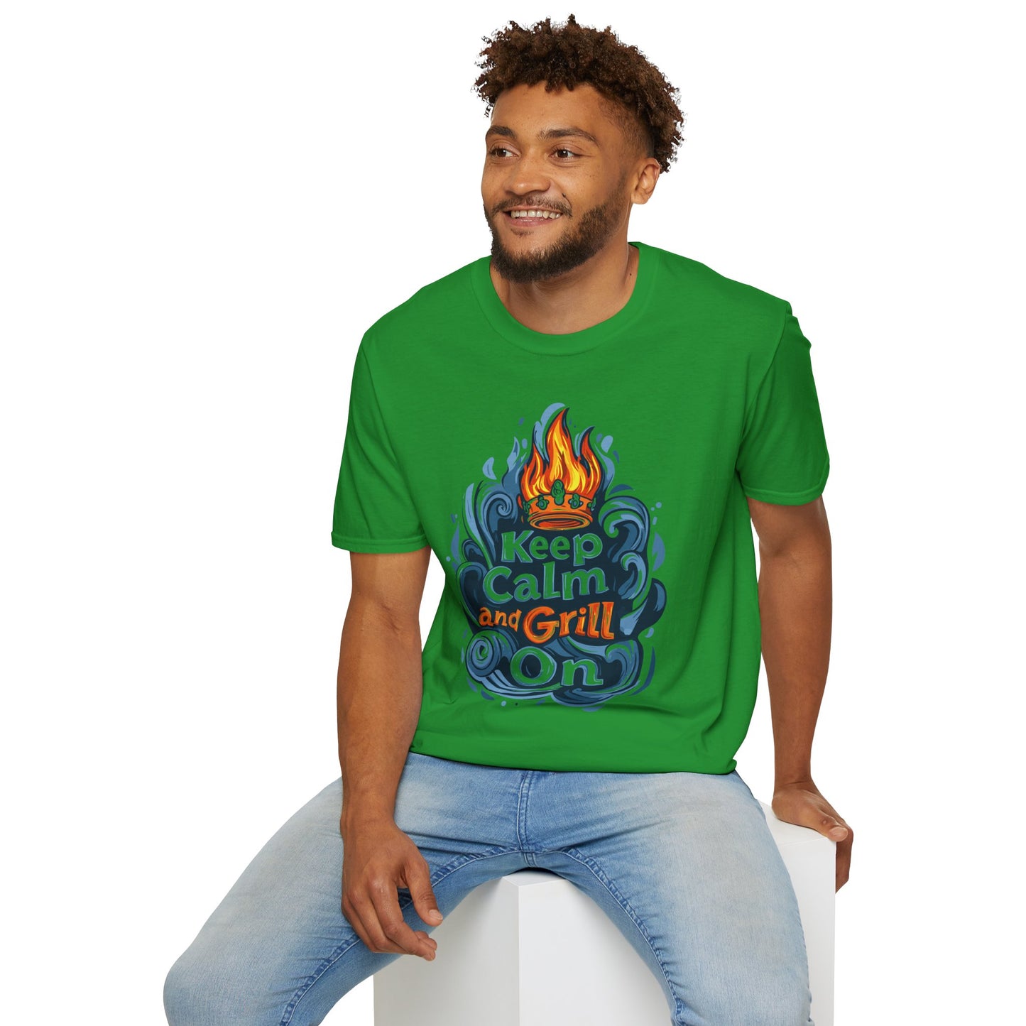 Keep Calm and Grill On T-Shirt | Father's Day Gift | Unisex Tee for Dads | Comfortable Casual Wear | Gift for Dad | Fire Theme