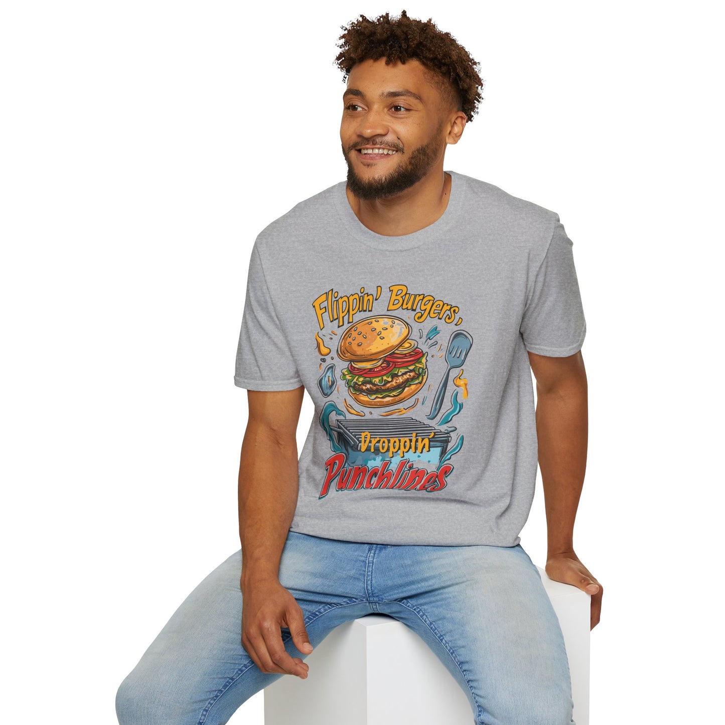 Flippin' Burgers Droppin Punchlines T-Shirt | Father's Day Gift | Unisex Tee for Dads | Comfortable Casual Wear | Gift for Dad | Fire Theme