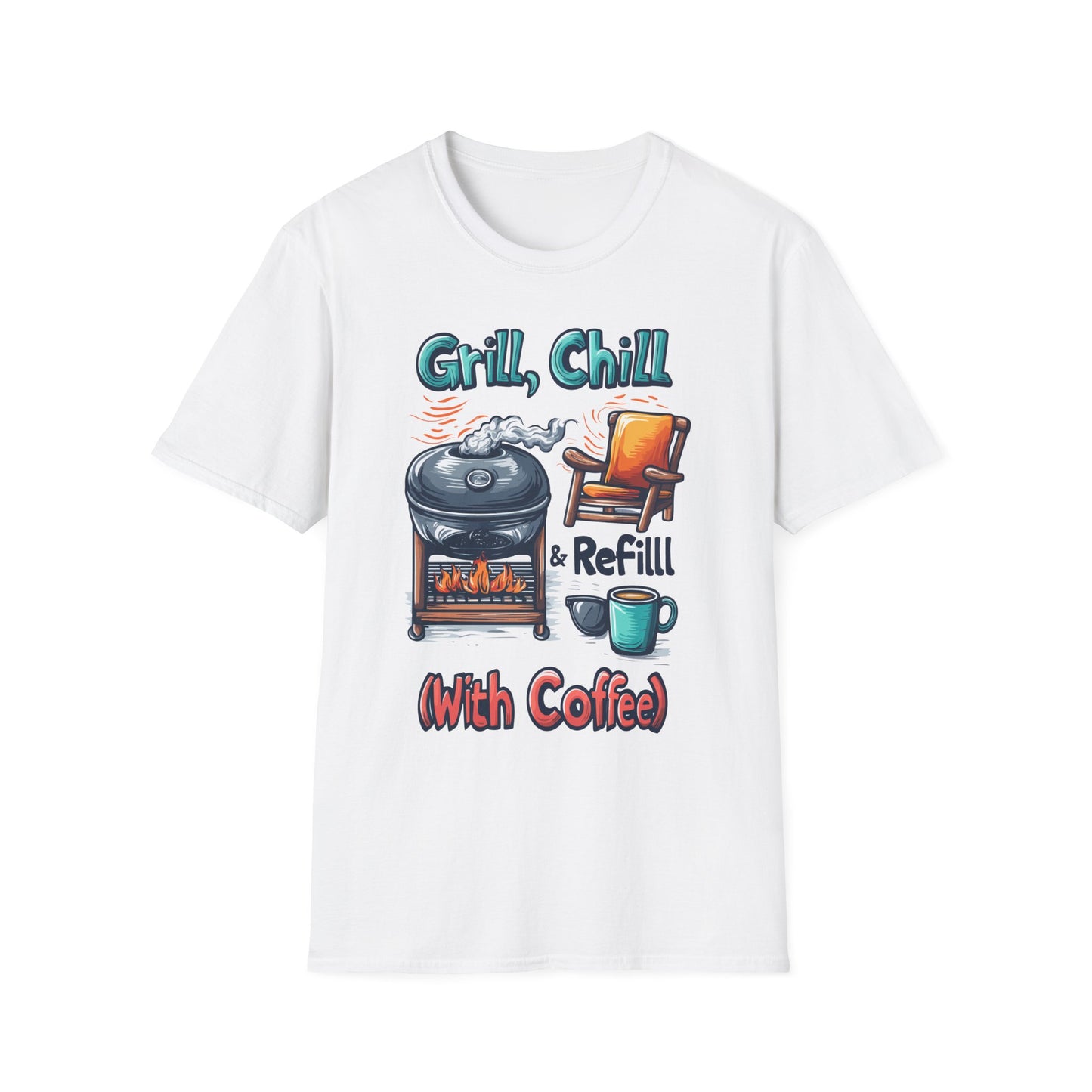 Grill, Chill With Coffee T-Shirt | Father's Day Gift | Unisex Tee for Dads | Comfortable Casual Wear | Gift for Dad | Fire Theme