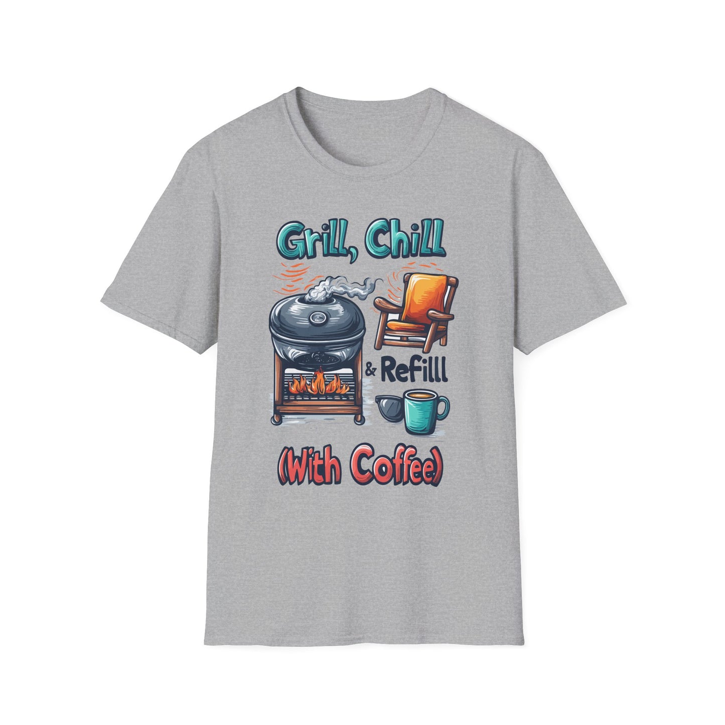 Grill, Chill With Coffee T-Shirt | Father's Day Gift | Unisex Tee for Dads | Comfortable Casual Wear | Gift for Dad | Fire Theme