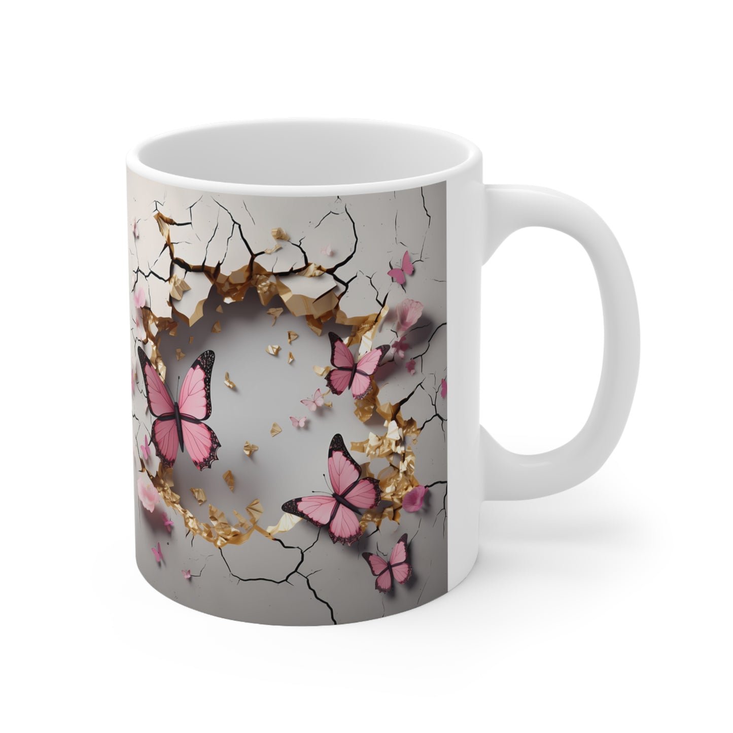 3D Crack In A Wall Pink Butterfly, Butterfly coffee mug, Mug design, Mug wrap, 3D mug wrap, butterfly mug, Ceramic Mug 11oz