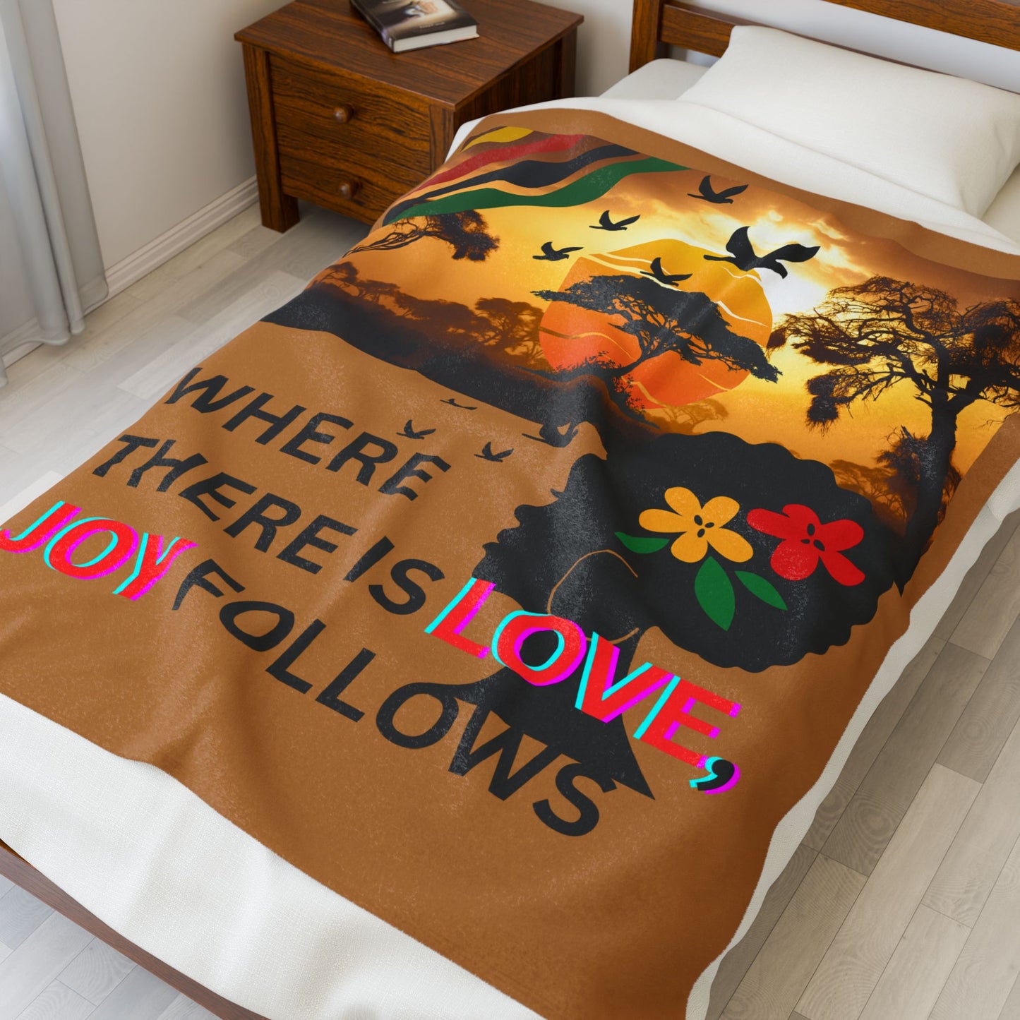 Vibrant Love and Joy Plush Blanket – Cozy Home Essential, Gift for Friends & Family, Perfect for Winter, Self-Care, Affirmation, Ethnic African Decor