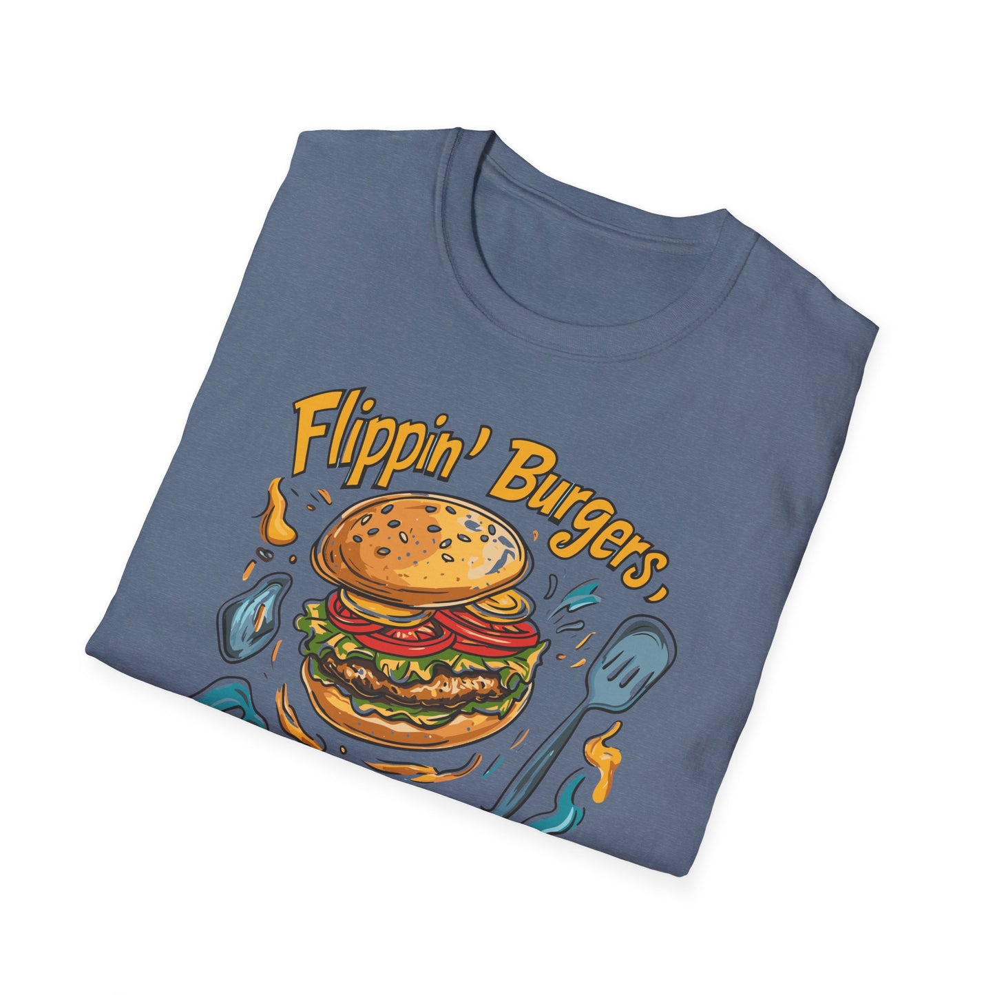 Flippin' Burgers Droppin Punchlines T-Shirt | Father's Day Gift | Unisex Tee for Dads | Comfortable Casual Wear | Gift for Dad | Fire Theme