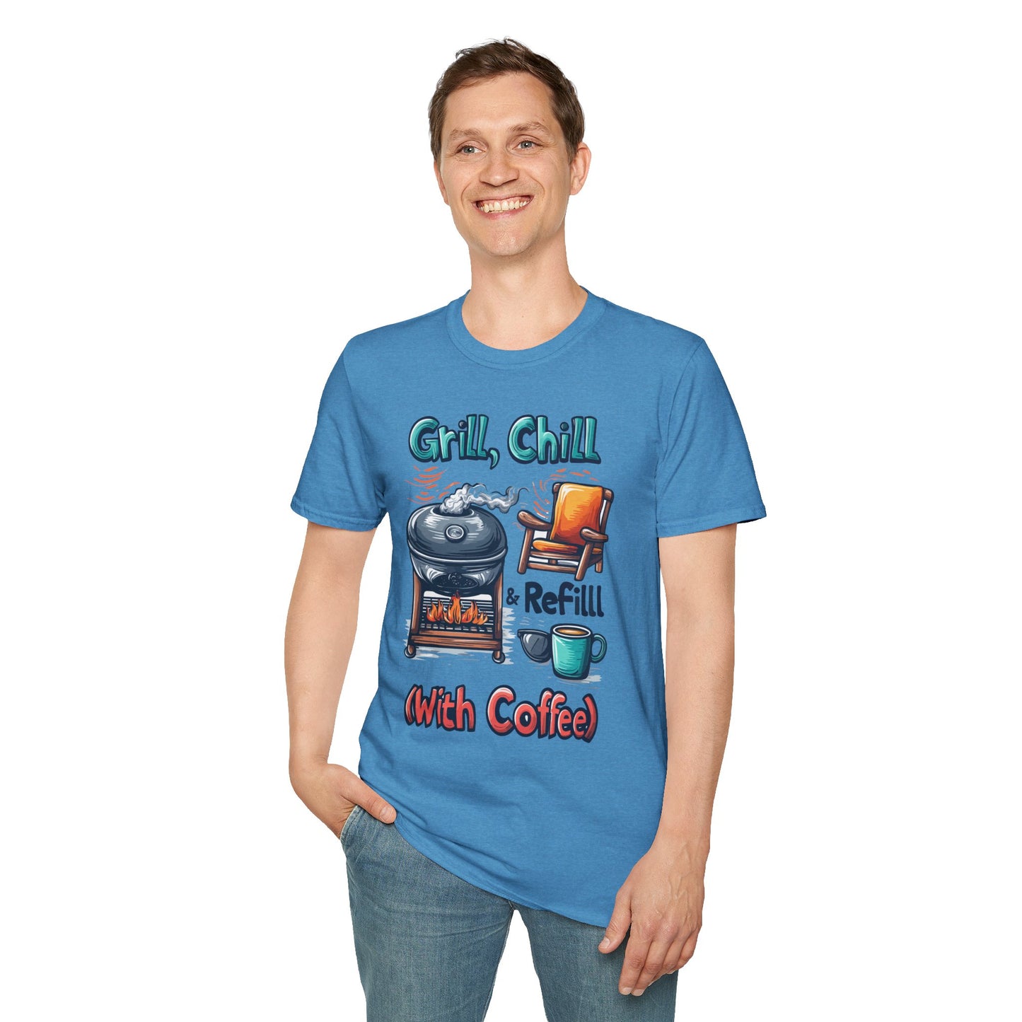 Grill, Chill With Coffee T-Shirt | Father's Day Gift | Unisex Tee for Dads | Comfortable Casual Wear | Gift for Dad | Fire Theme
