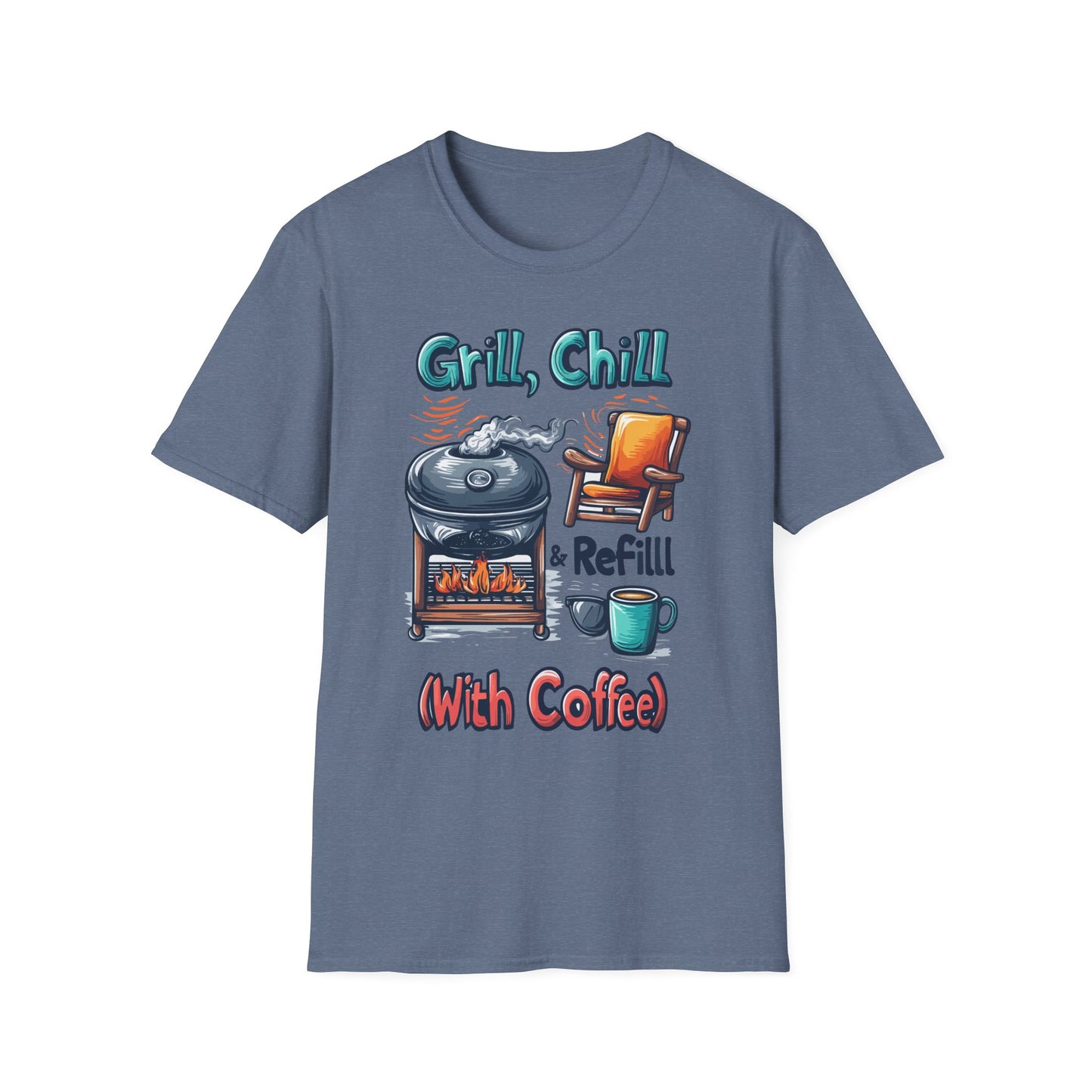 Grill, Chill With Coffee T-Shirt | Father's Day Gift | Unisex Tee for Dads | Comfortable Casual Wear | Gift for Dad | Fire Theme