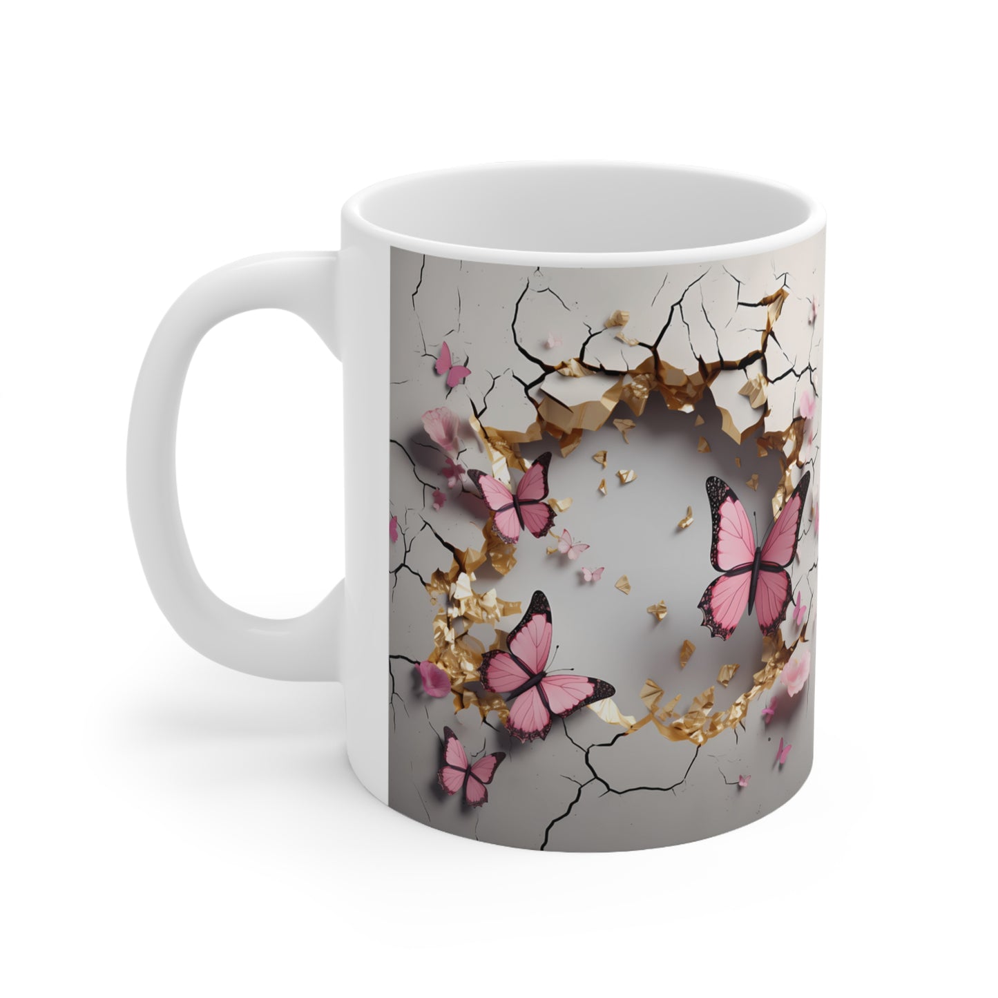 3D Crack In A Wall Pink Butterfly, Butterfly coffee mug, Mug design, Mug wrap, 3D mug wrap, butterfly mug, Ceramic Mug 11oz