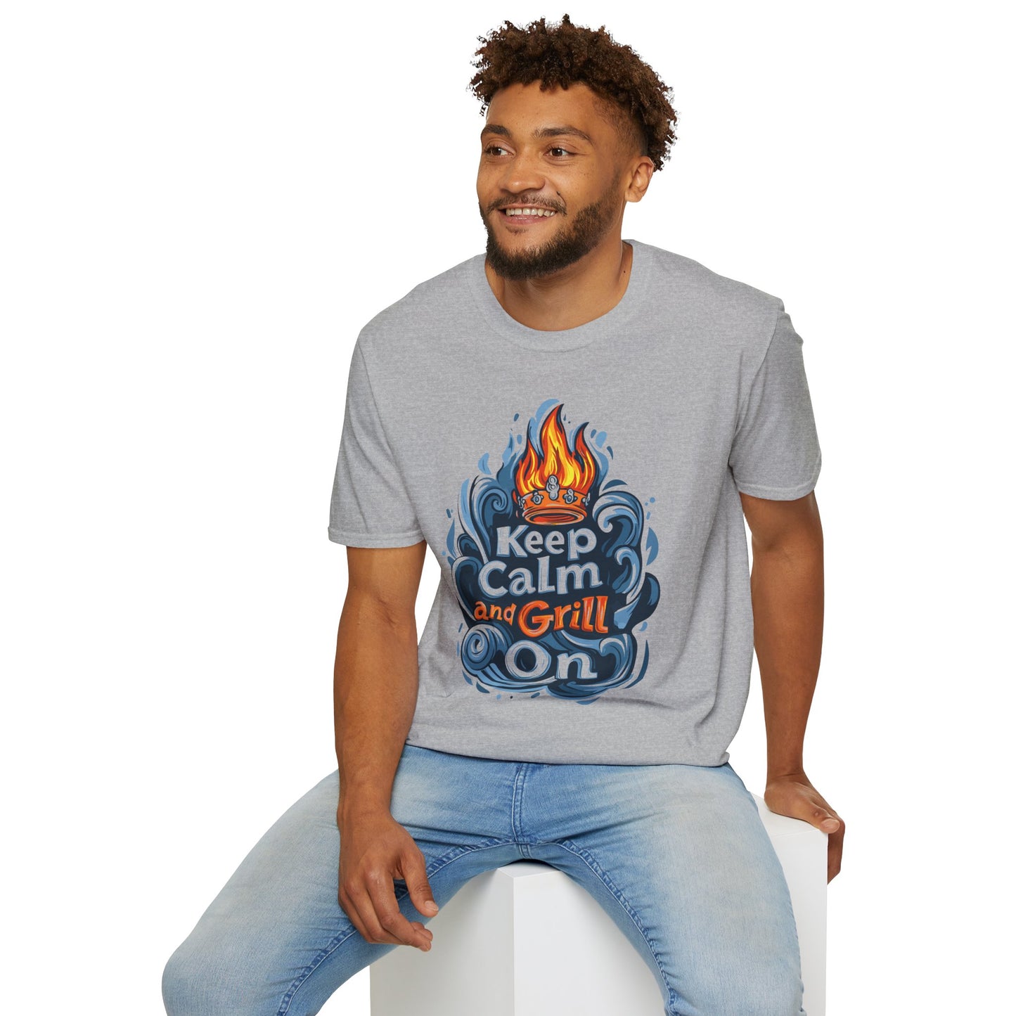 Keep Calm and Grill On T-Shirt | Father's Day Gift | Unisex Tee for Dads | Comfortable Casual Wear | Gift for Dad | Fire Theme