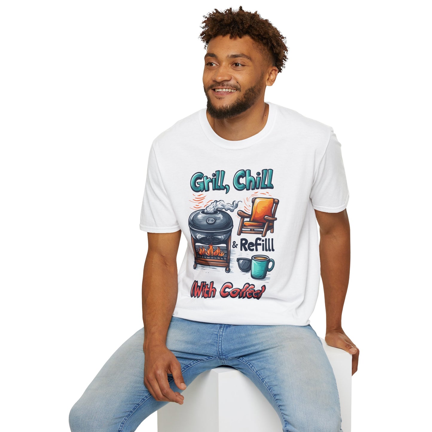 Grill, Chill With Coffee T-Shirt | Father's Day Gift | Unisex Tee for Dads | Comfortable Casual Wear | Gift for Dad | Fire Theme