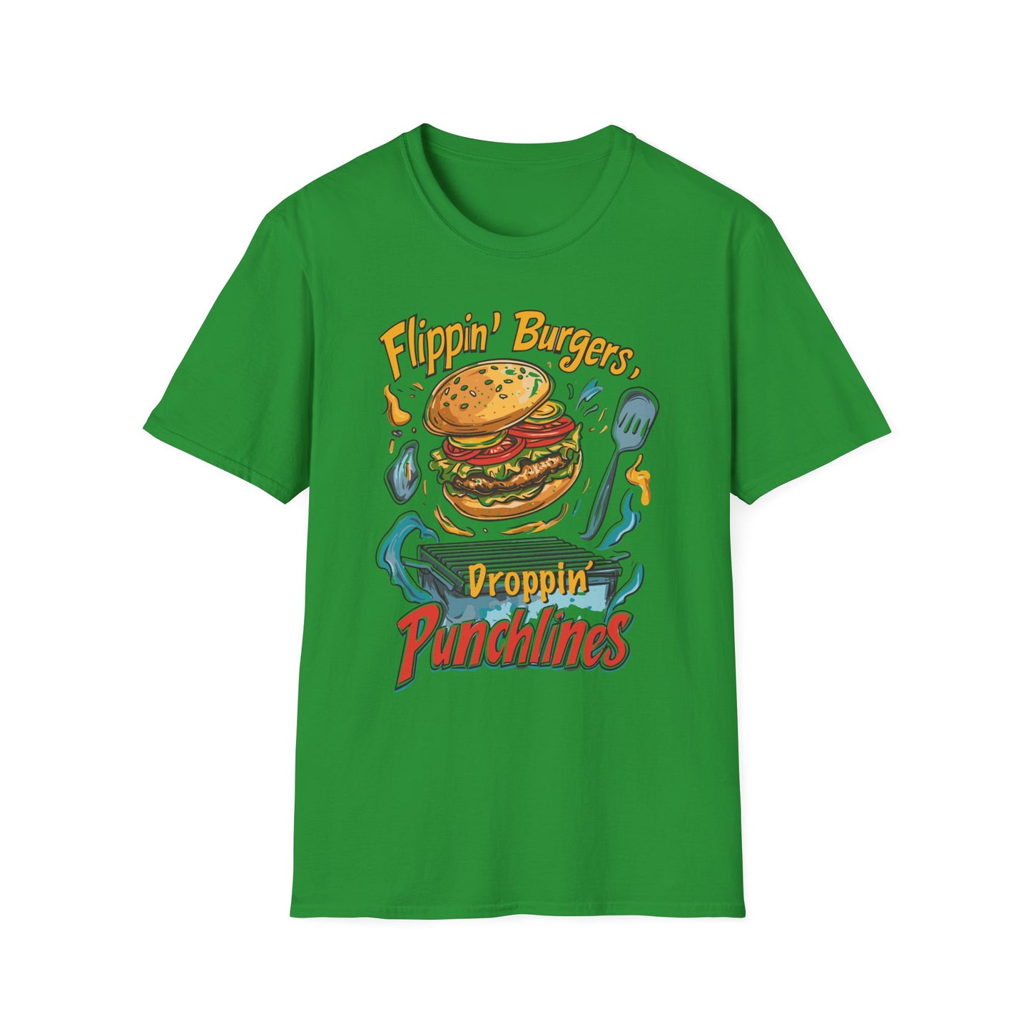 Flippin' Burgers Droppin Punchlines T-Shirt | Father's Day Gift | Unisex Tee for Dads | Comfortable Casual Wear | Gift for Dad | Fire Theme