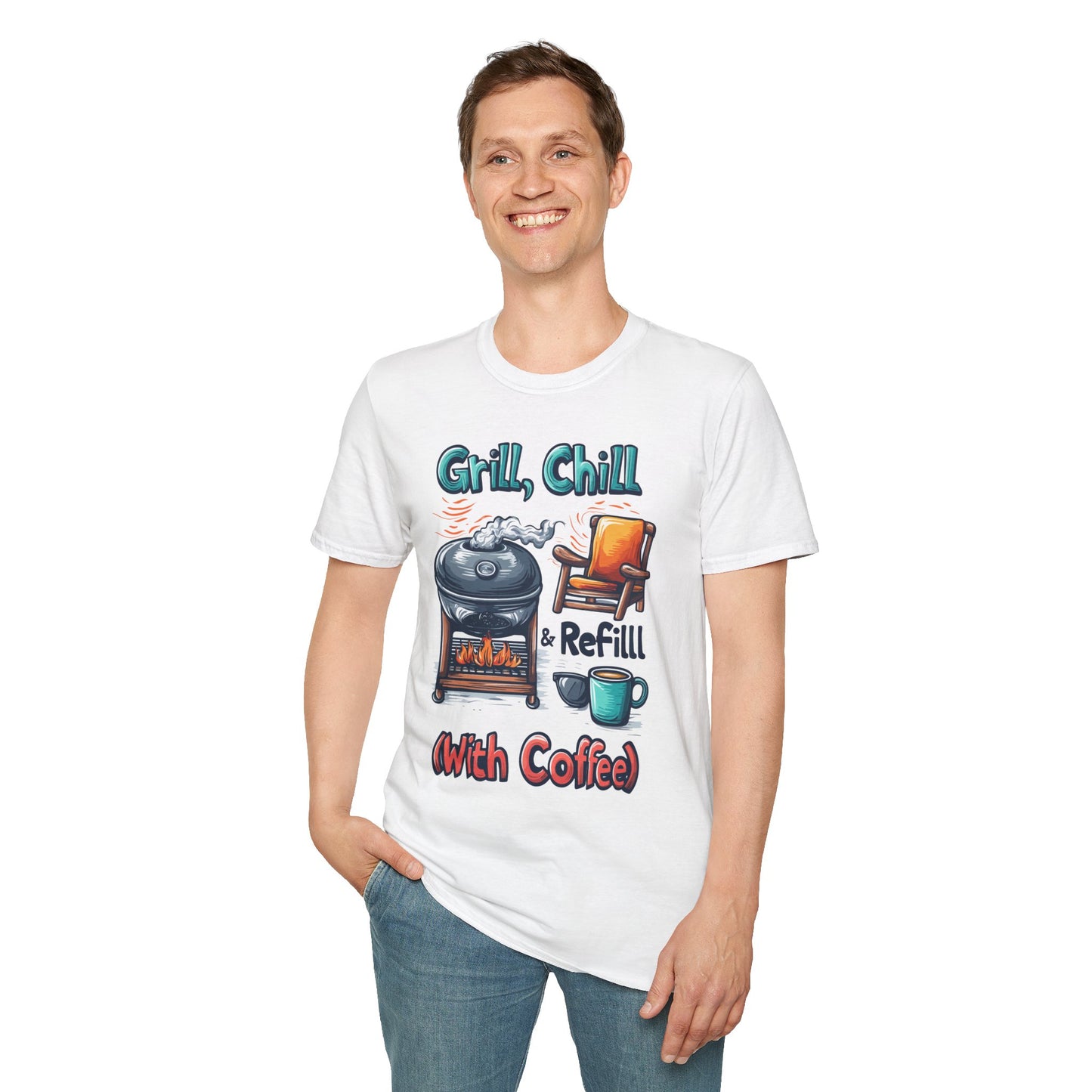 Grill, Chill With Coffee T-Shirt | Father's Day Gift | Unisex Tee for Dads | Comfortable Casual Wear | Gift for Dad | Fire Theme