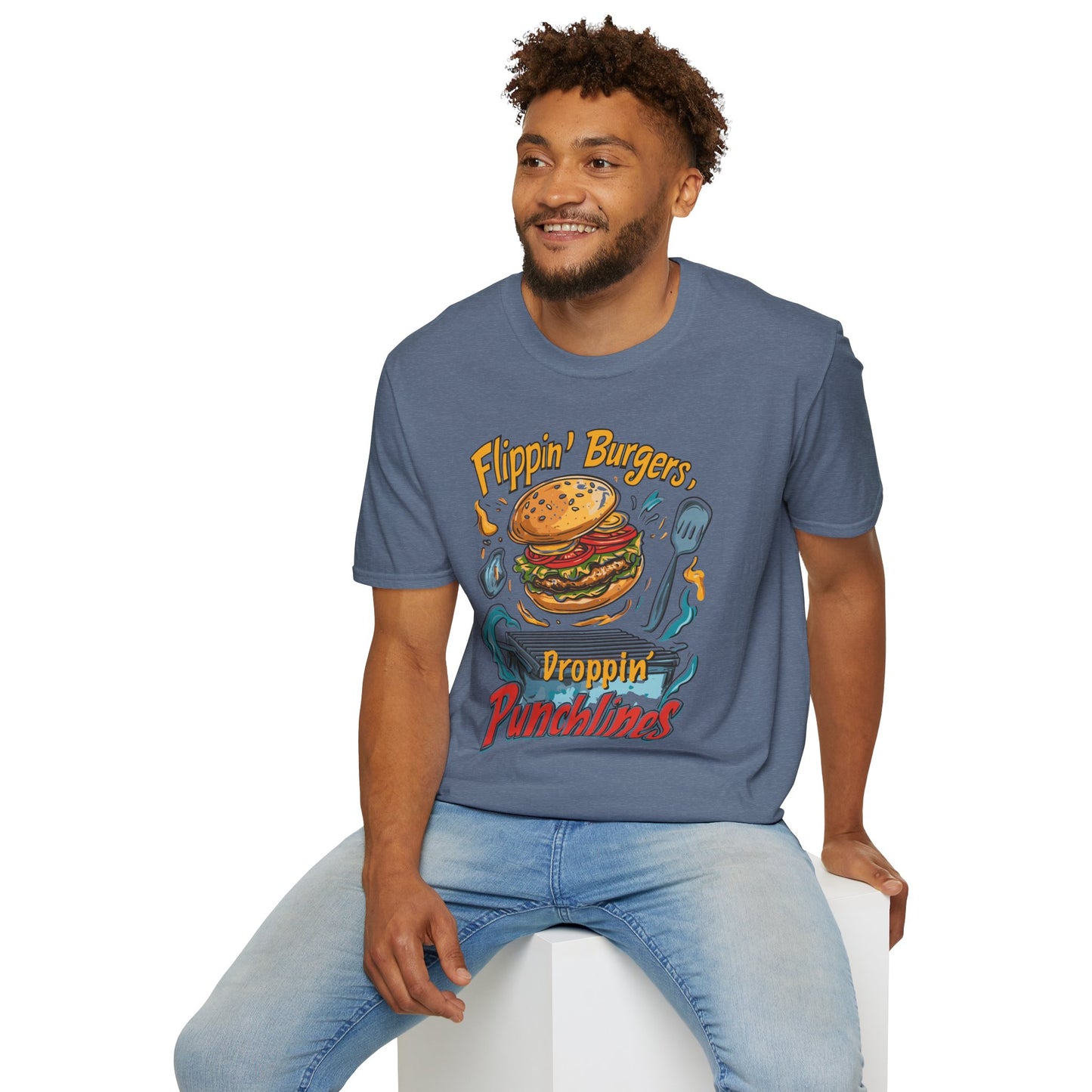 Flippin' Burgers Droppin Punchlines T-Shirt | Father's Day Gift | Unisex Tee for Dads | Comfortable Casual Wear | Gift for Dad | Fire Theme