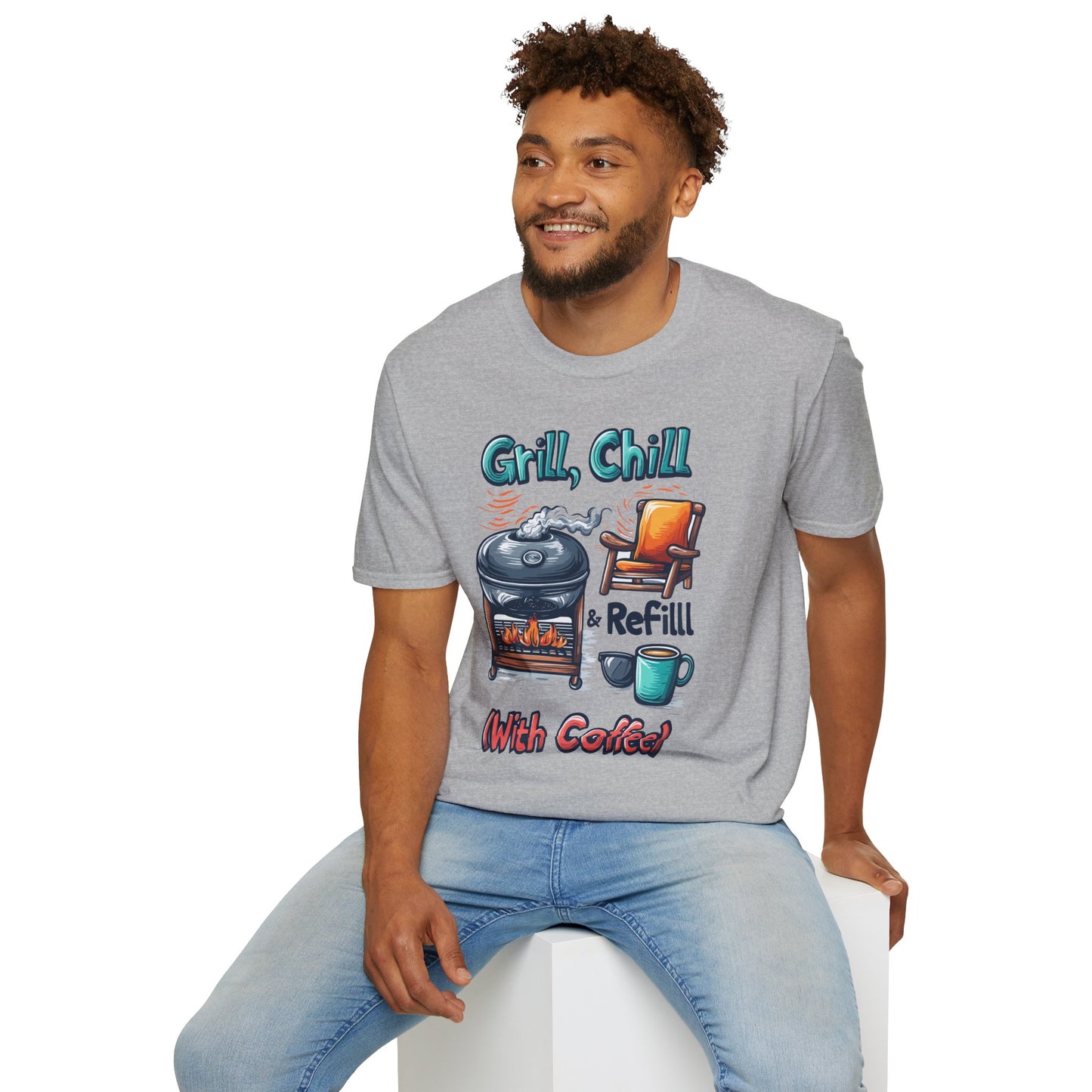 Grill, Chill With Coffee T-Shirt | Father's Day Gift | Unisex Tee for Dads | Comfortable Casual Wear | Gift for Dad | Fire Theme