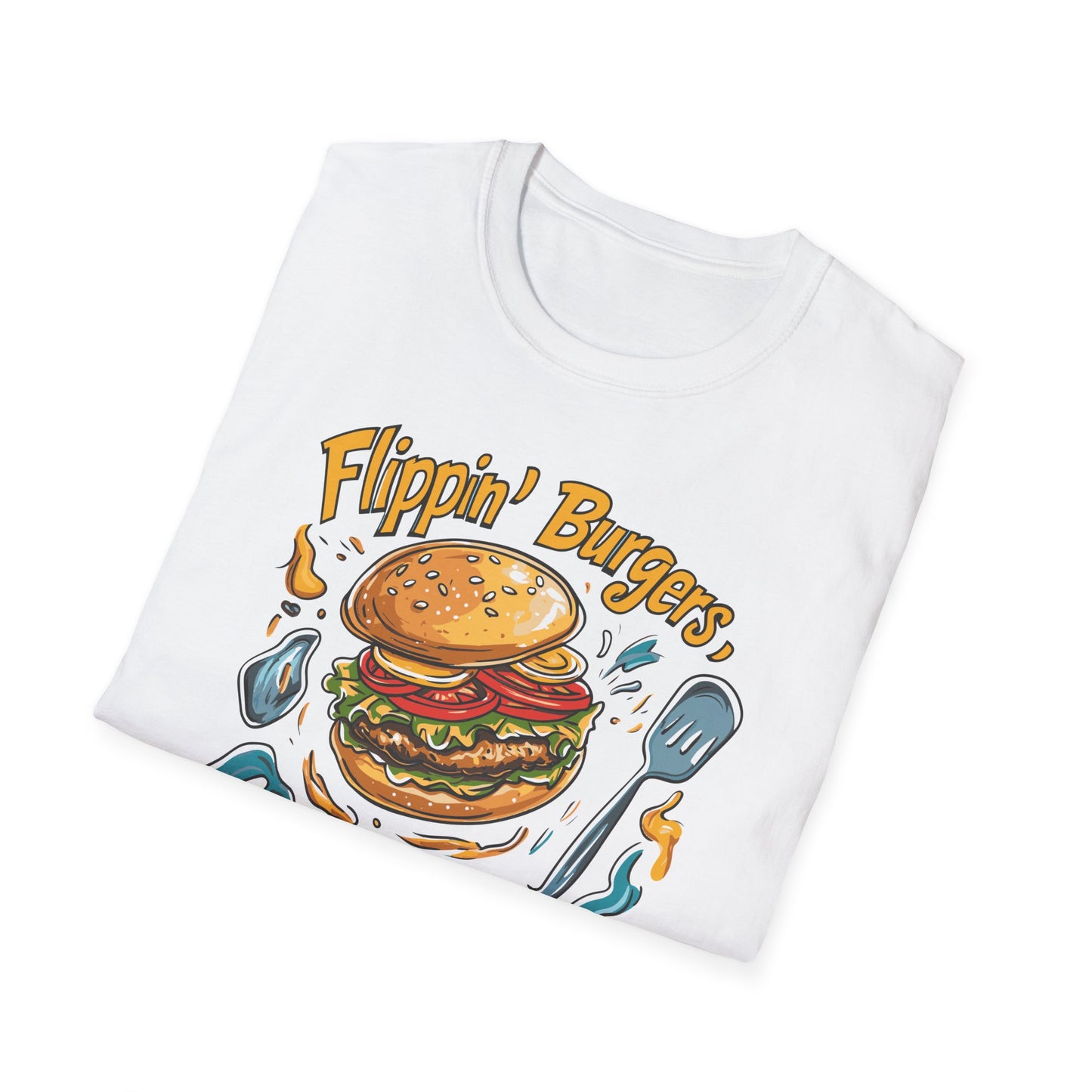 Flippin' Burgers Droppin Punchlines T-Shirt | Father's Day Gift | Unisex Tee for Dads | Comfortable Casual Wear | Gift for Dad | Fire Theme