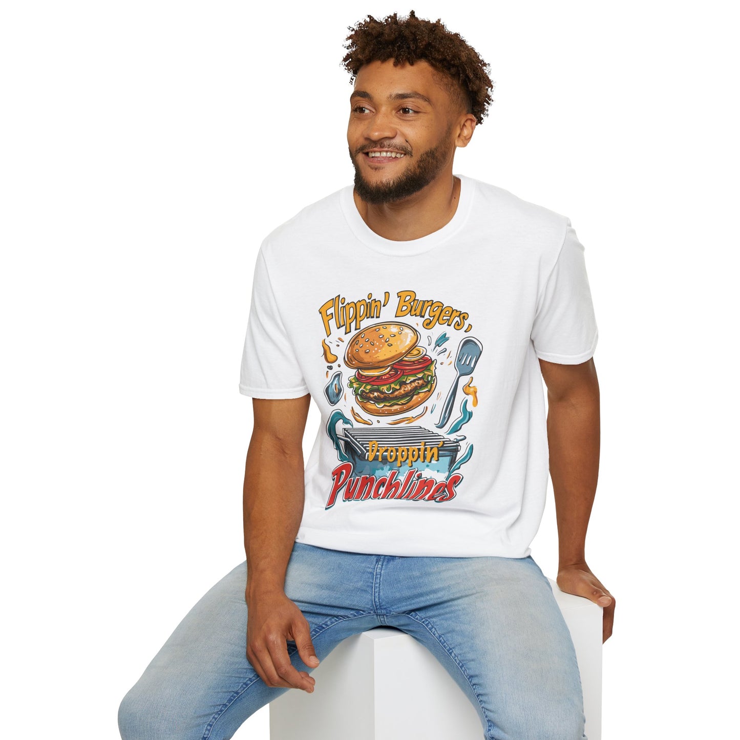 Flippin' Burgers Droppin Punchlines T-Shirt | Father's Day Gift | Unisex Tee for Dads | Comfortable Casual Wear | Gift for Dad | Fire Theme