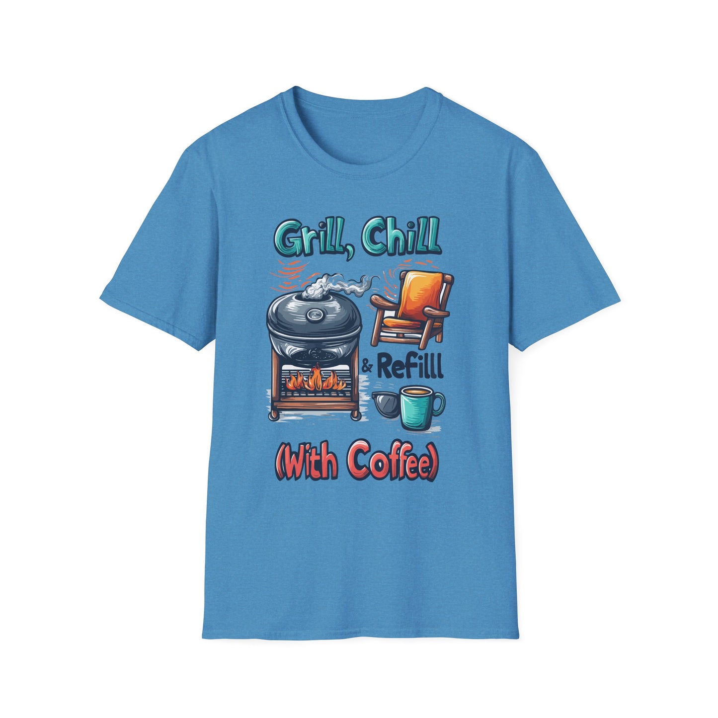 Grill, Chill With Coffee T-Shirt | Father's Day Gift | Unisex Tee for Dads | Comfortable Casual Wear | Gift for Dad | Fire Theme