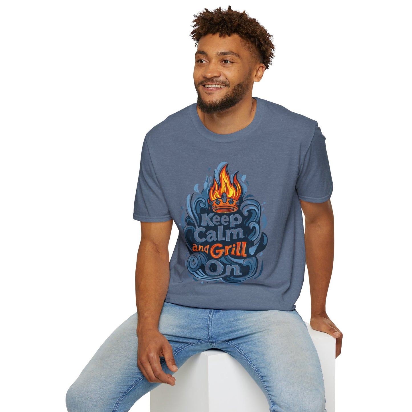 Keep Calm and Grill On T-Shirt | Father's Day Gift | Unisex Tee for Dads | Comfortable Casual Wear | Gift for Dad | Fire Theme