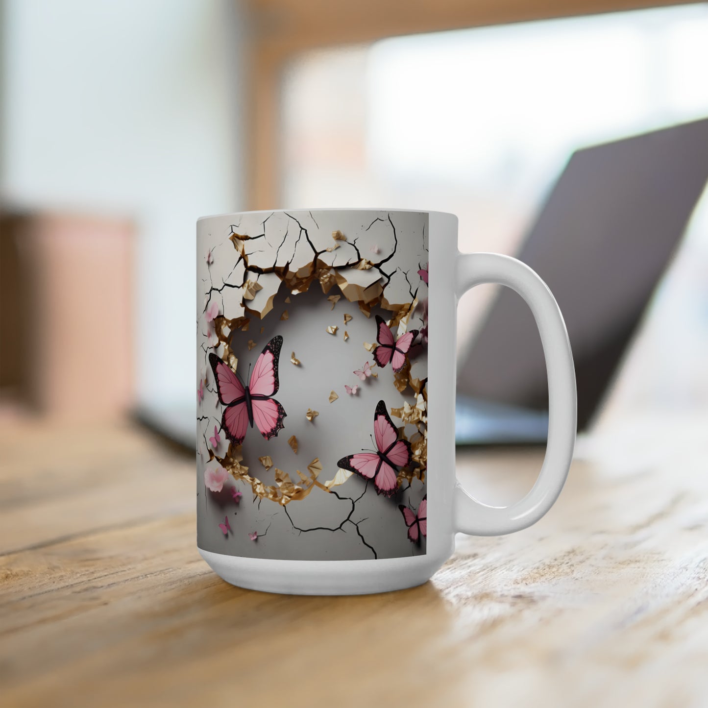 3D Crack In A Wall Pink Butterfly, Butterfly coffee mug, Mug design, Mug wrap, 3D mug wrap, butterfly mug, Ceramic Mug 15oz