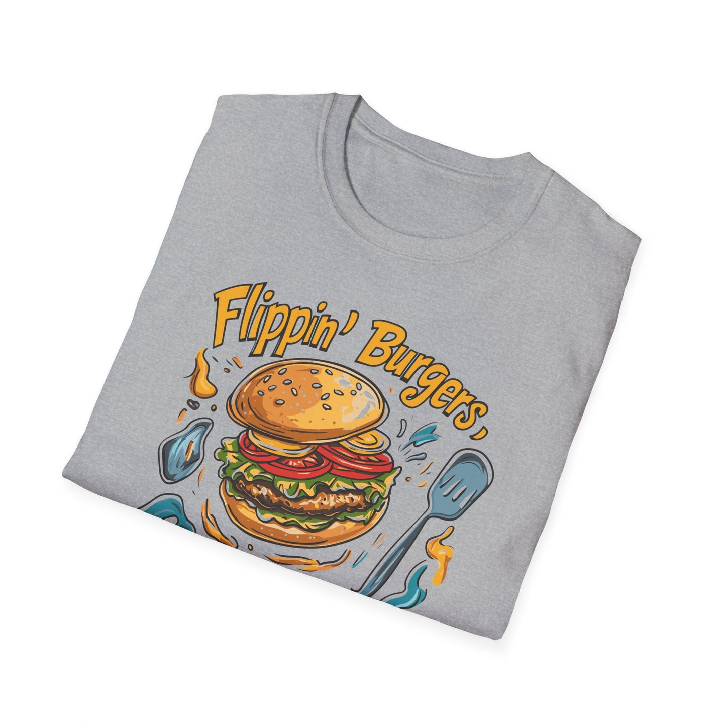 Flippin' Burgers Droppin Punchlines T-Shirt | Father's Day Gift | Unisex Tee for Dads | Comfortable Casual Wear | Gift for Dad | Fire Theme