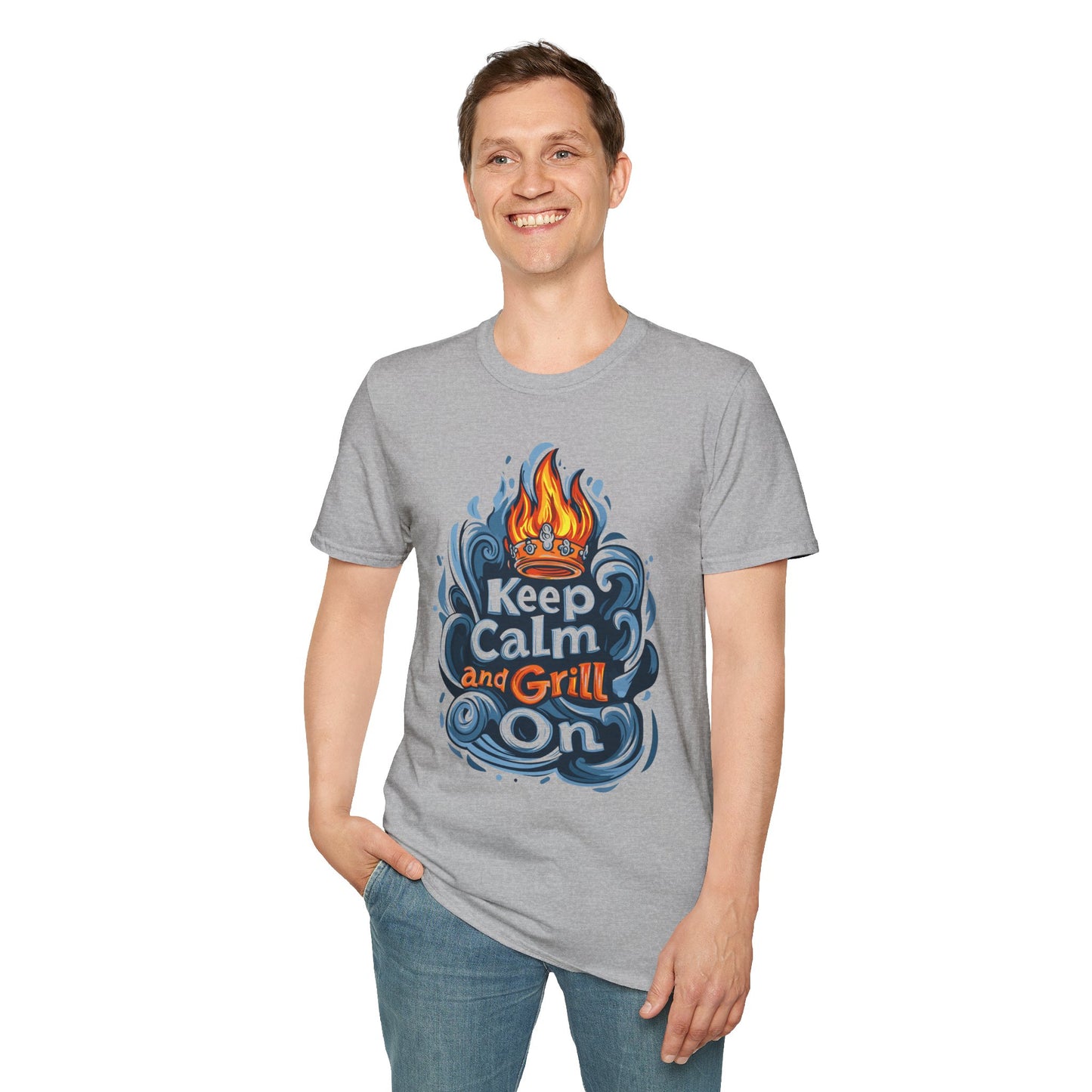 Keep Calm and Grill On T-Shirt | Father's Day Gift | Unisex Tee for Dads | Comfortable Casual Wear | Gift for Dad | Fire Theme