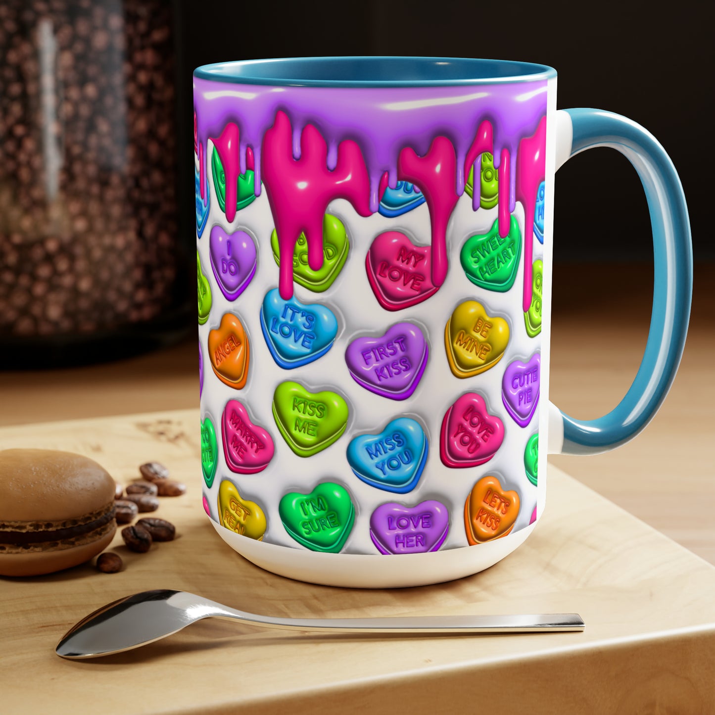 3D Valentine heart mug, Funny Valentine Heart Candy,heart candy mug, conversation heart mug, Two-Tone Coffee Mugs, 15oz