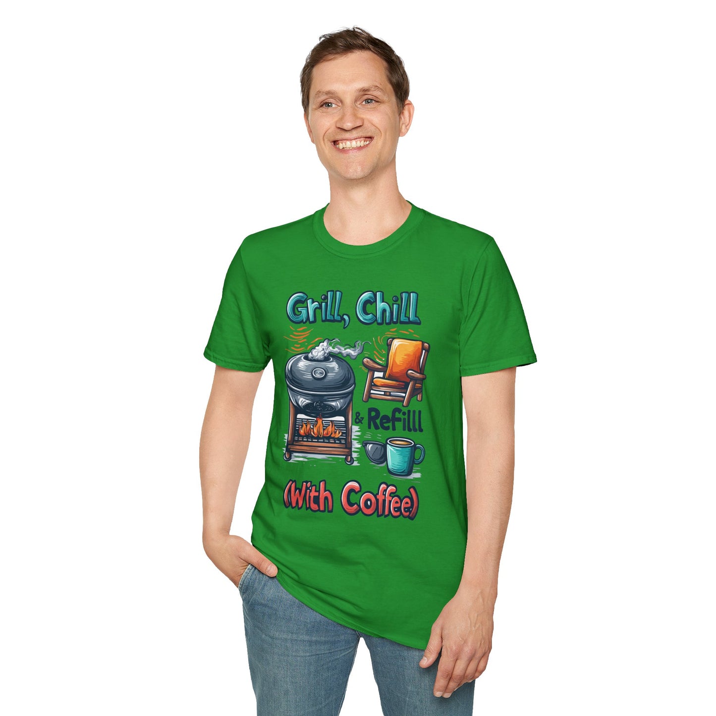 Grill, Chill With Coffee T-Shirt | Father's Day Gift | Unisex Tee for Dads | Comfortable Casual Wear | Gift for Dad | Fire Theme